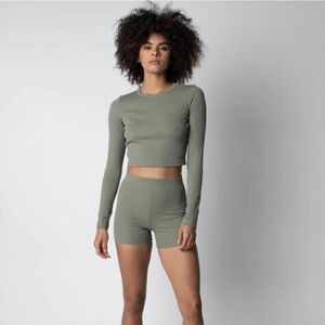 TALENTLESS Olive Green Ribbed Set - Long Sleeve Crop Top and Biker Short Worn 1x